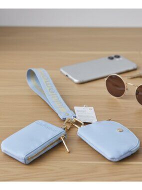 Lululemon Dual Pouch Wristlet Baby Blue Gold Wallet Keychain Coin Purse NWT